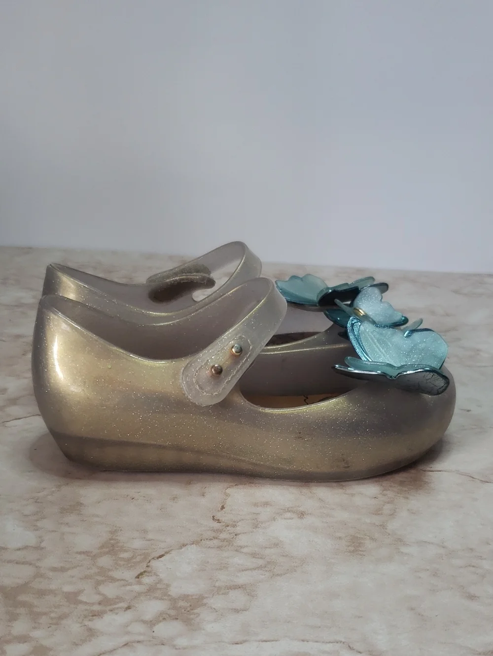 Mini Melissa Girls Metallic Gold Mary Jane Flats with Blue Butterfly Accent 10